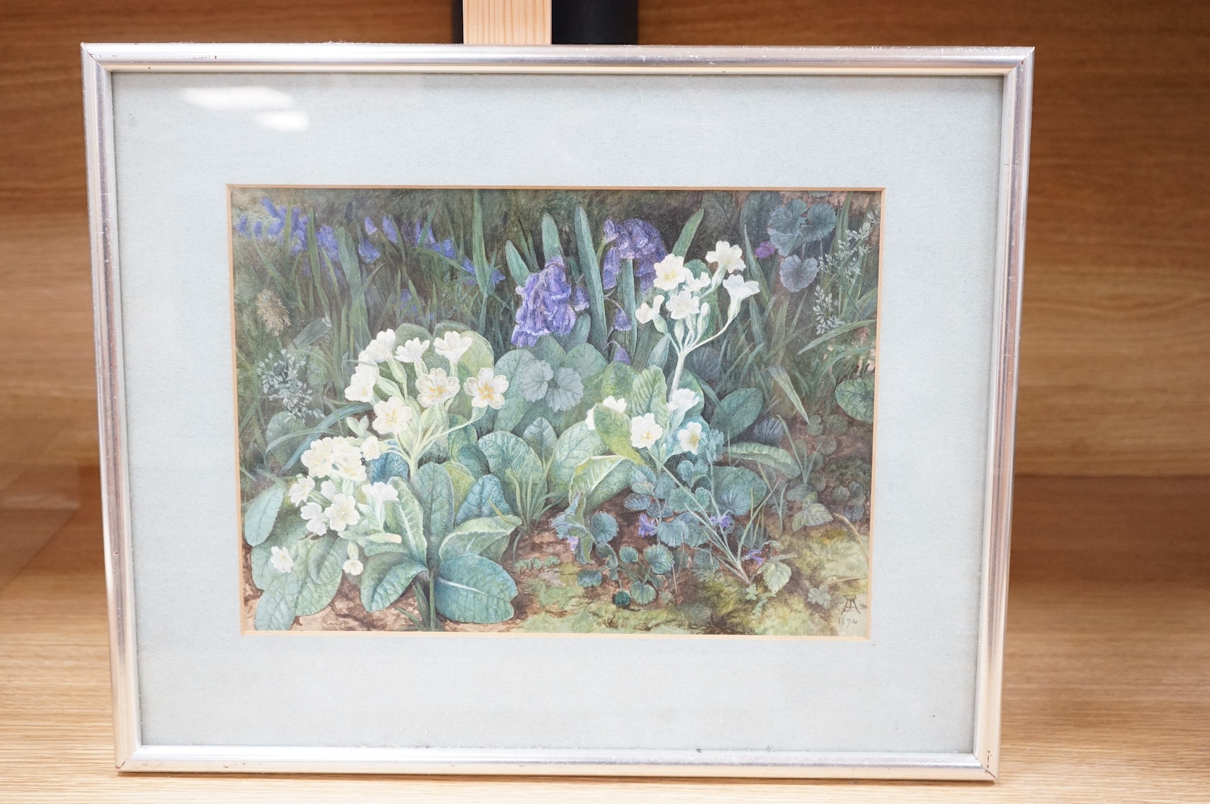 19th century, English School, watercolour, Study of flowers, monogrammed J A? and dated 1874, 23 x 31cm. Condition - fair to good